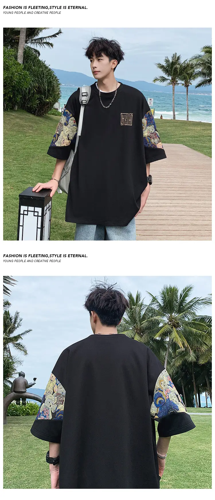 Men Black Graphic T-shirt with Embroidered Sleeves — feature 6