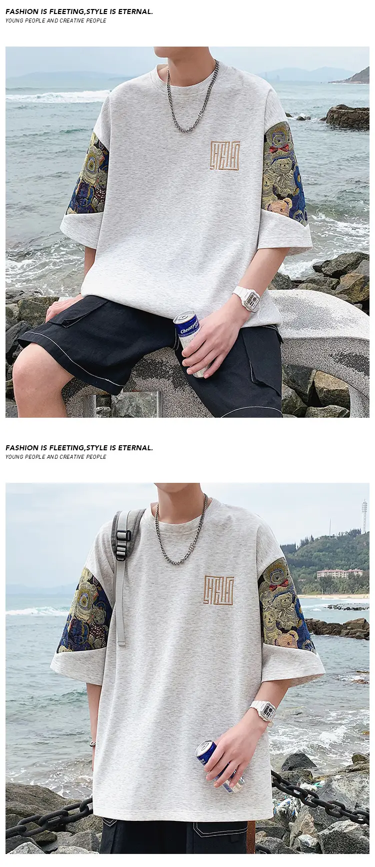 Men Black Graphic T-shirt with Embroidered Sleeves — feature 7