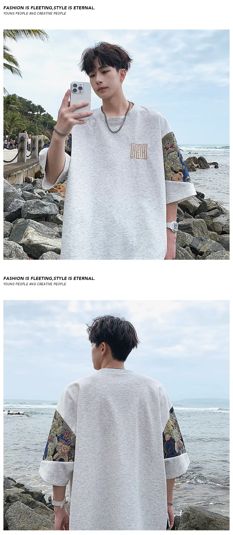 Men Black Graphic T-shirt with Embroidered Sleeves — feature 9