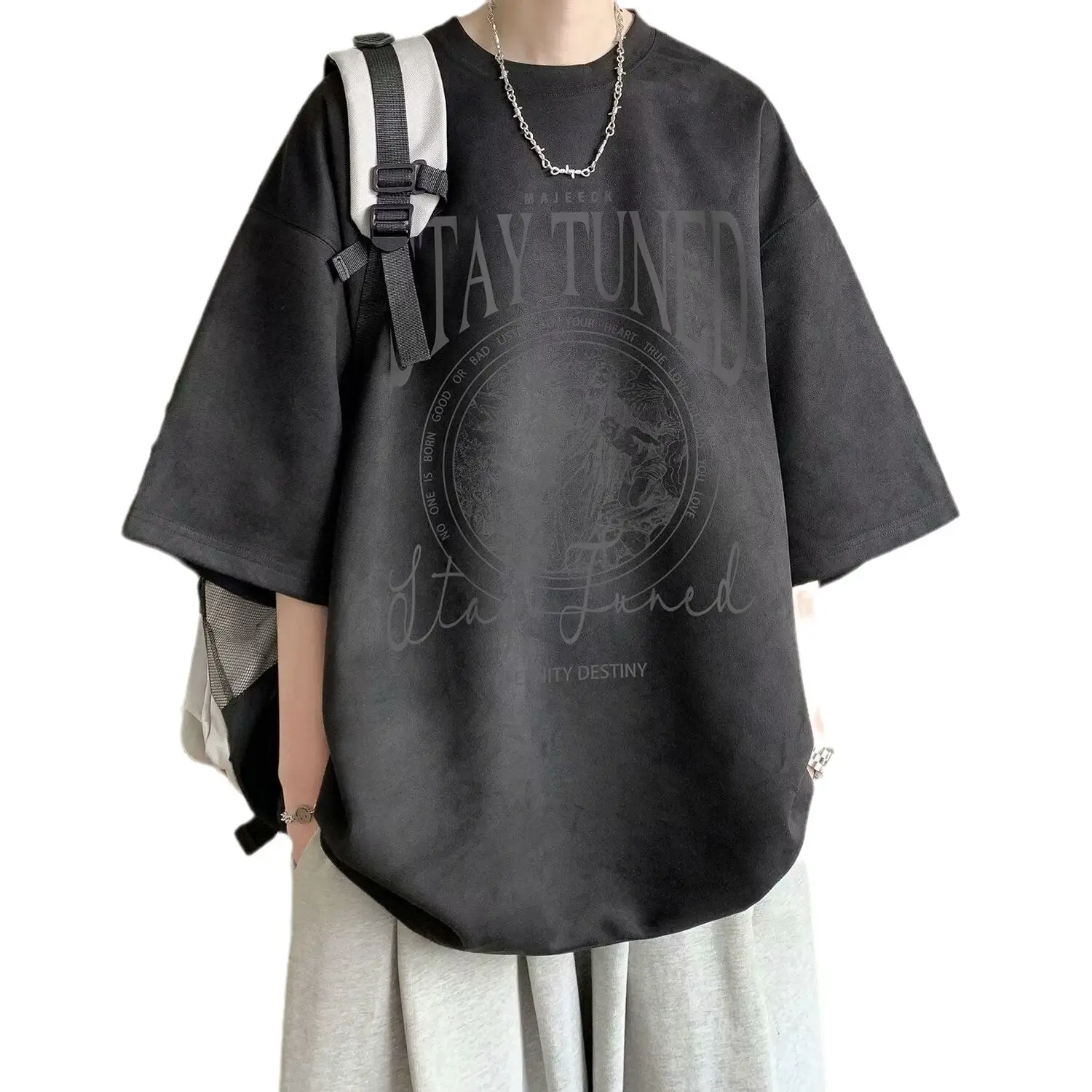 Men Black Graphic T-Shirt Summer 2024 Loose Fit