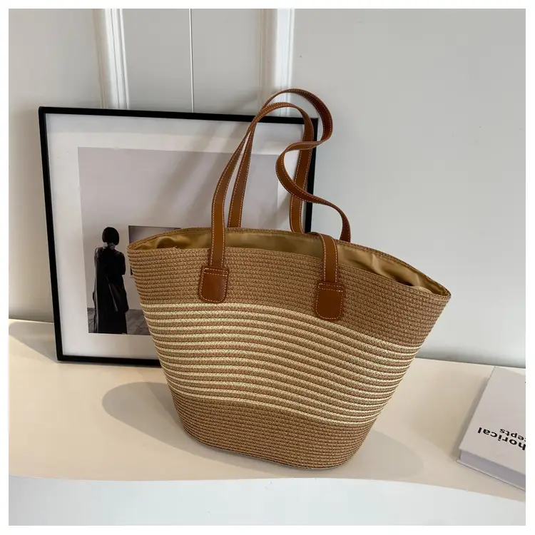 Women's Vintage Vegetable Basket Bag with Straw Stripes - Image 2