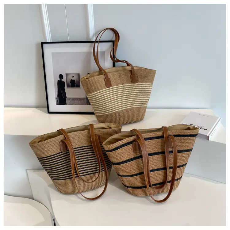 Women's Vintage Vegetable Basket Bag with Straw Stripes - Image 5