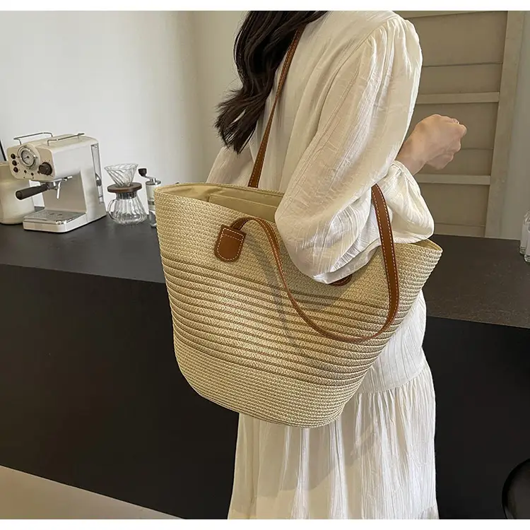 Women's Vintage Vegetable Basket Bag with Straw Stripes - Image 6