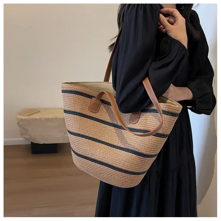 Women's Vintage Vegetable Basket Bag with Straw Stripes - Image 7