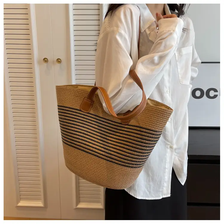 Women's Vintage Vegetable Basket Bag with Straw Stripes — feature 10