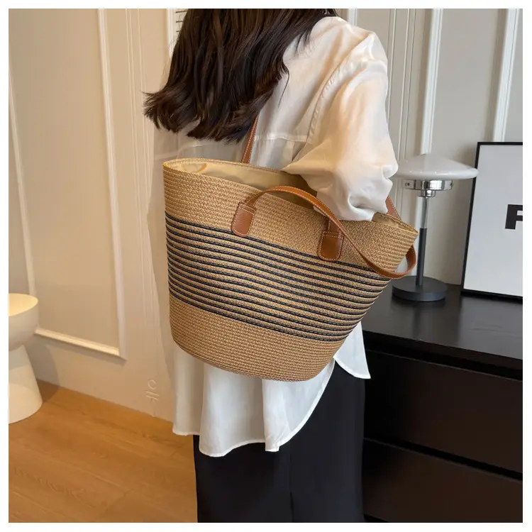 Women's Vintage Vegetable Basket Bag with Straw Stripes — feature 11