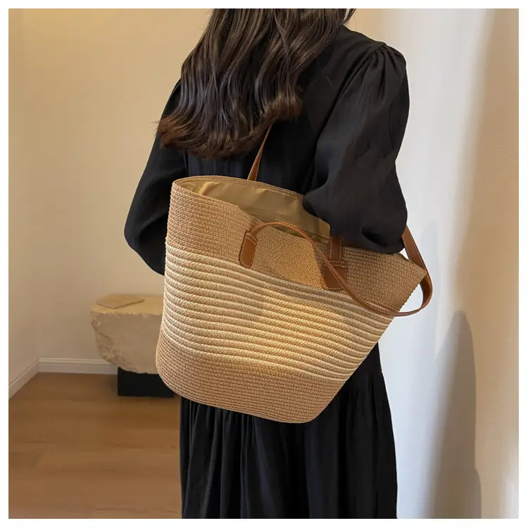 Women's Vintage Vegetable Basket Bag with Straw Stripes — feature 14