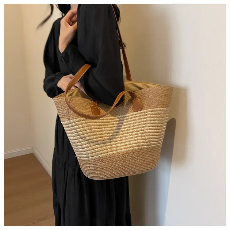 Women's Vintage Vegetable Basket Bag with Straw Stripes — feature 15