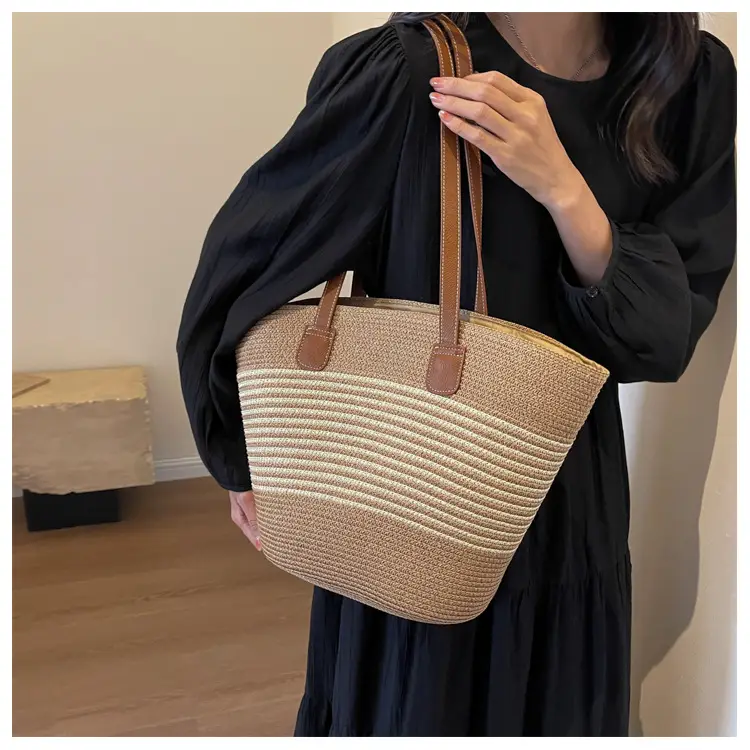 Women's Vintage Vegetable Basket Bag with Straw Stripes — feature 17