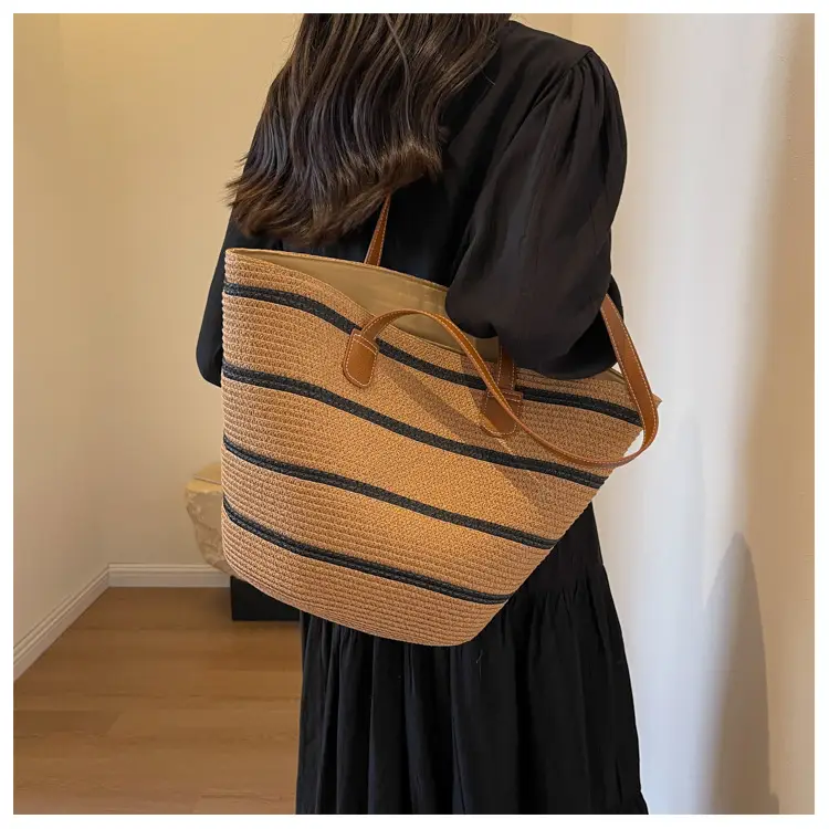 Women's Vintage Vegetable Basket Bag with Straw Stripes — feature 19