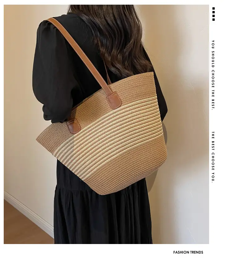 Women's Vintage Vegetable Basket Bag with Straw Stripes — feature 2