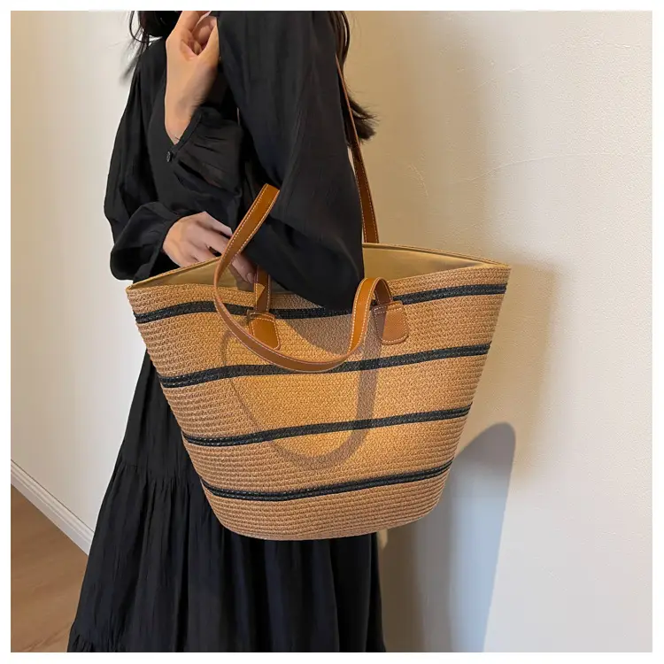 Women's Vintage Vegetable Basket Bag with Straw Stripes — feature 20