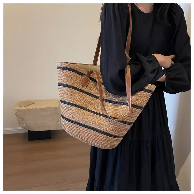Women's Vintage Vegetable Basket Bag with Straw Stripes — feature 21