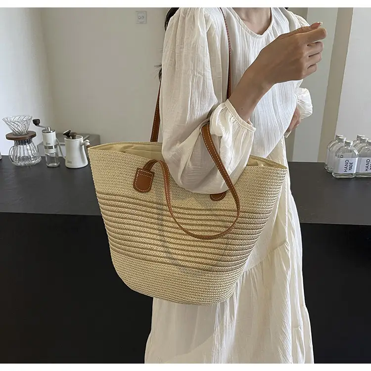 Women's Vintage Vegetable Basket Bag with Straw Stripes — feature 22