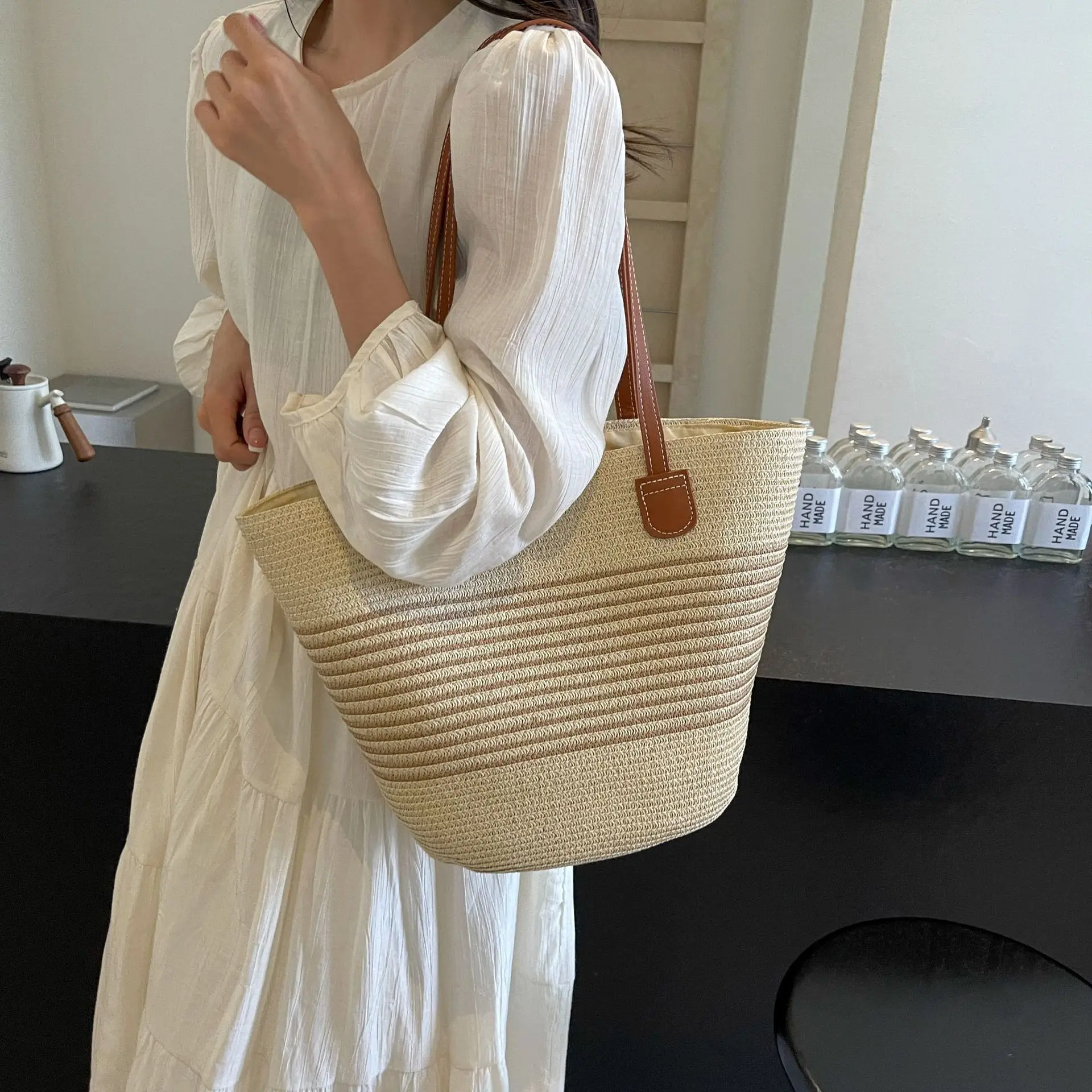 Women's Vintage Vegetable Basket Bag with Straw Stripes — feature 24