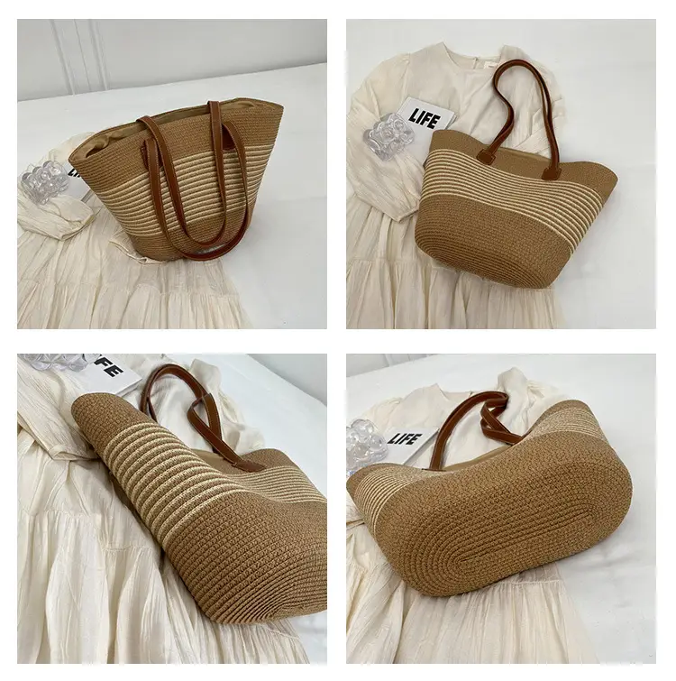 Women's Vintage Vegetable Basket Bag with Straw Stripes — feature 8