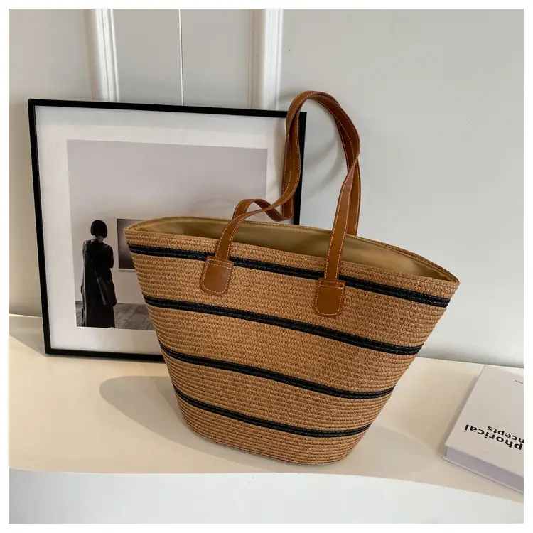 Women's Vintage Vegetable Basket Bag with Straw Stripes - Image 3