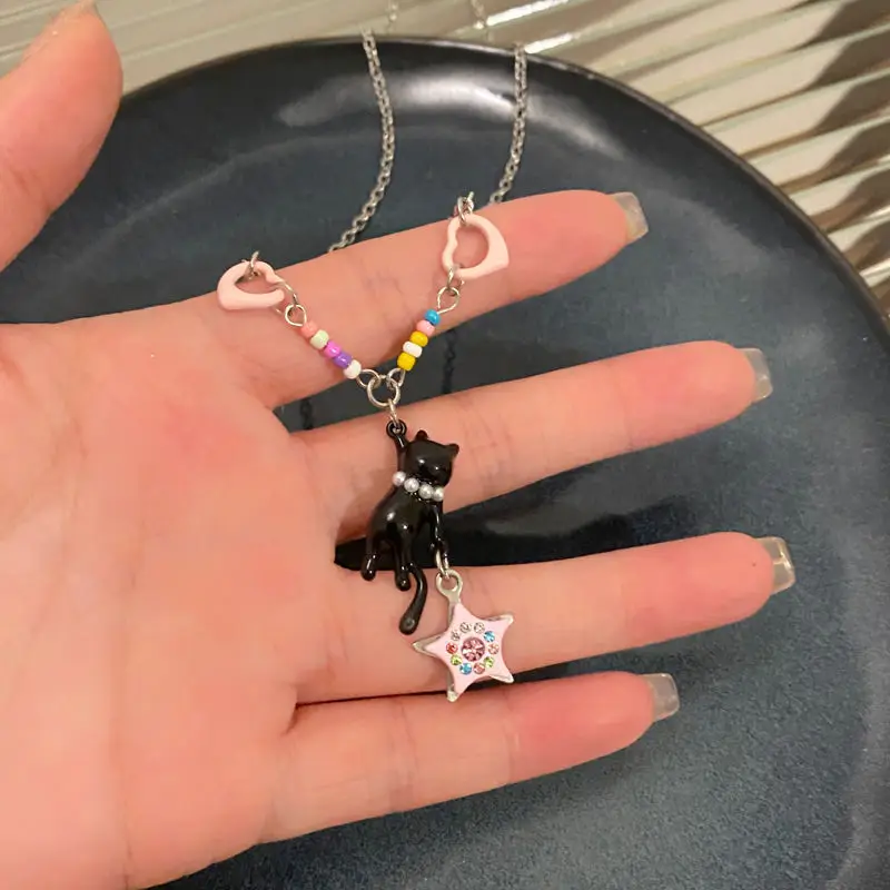 Black Cat Pink Star Beaded Necklace for Women — feature 7