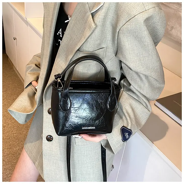 Black Oil Leather Shoulder Crossbody Bag for Women - Image 7