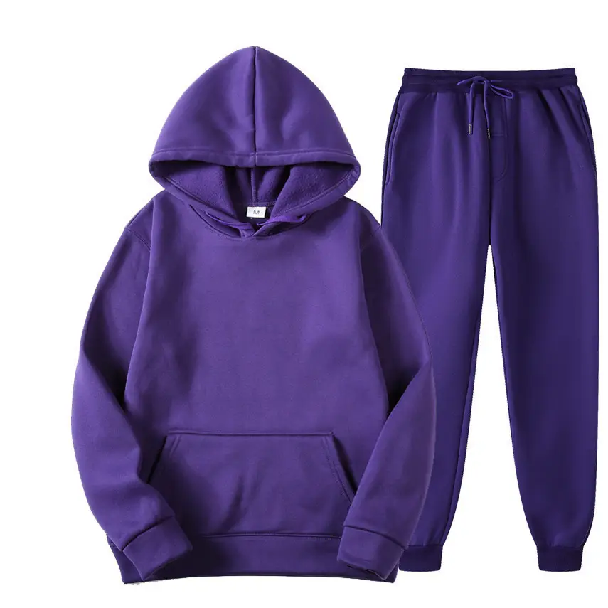 Men Fleece Hoodie Pants Set Cream Solid Cross Border - Image 4