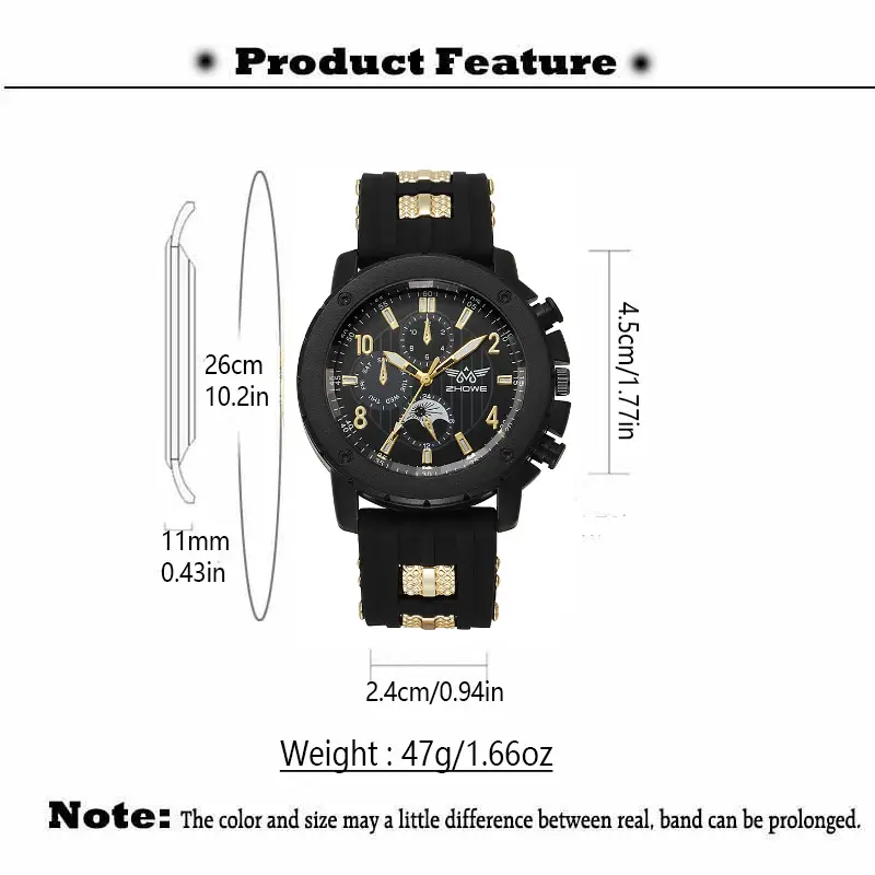 Men's Black Silicone Quartz Watch with 3 Subdials - Image 8