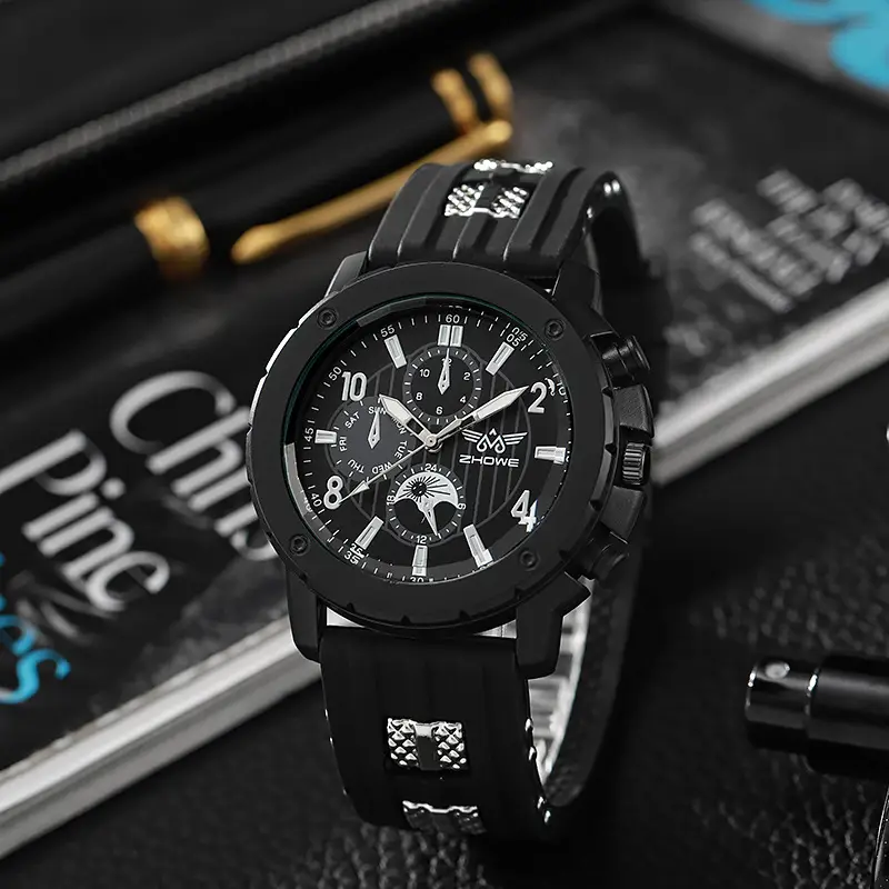 Men's Black Silicone Quartz Watch with 3 Subdials — feature 3