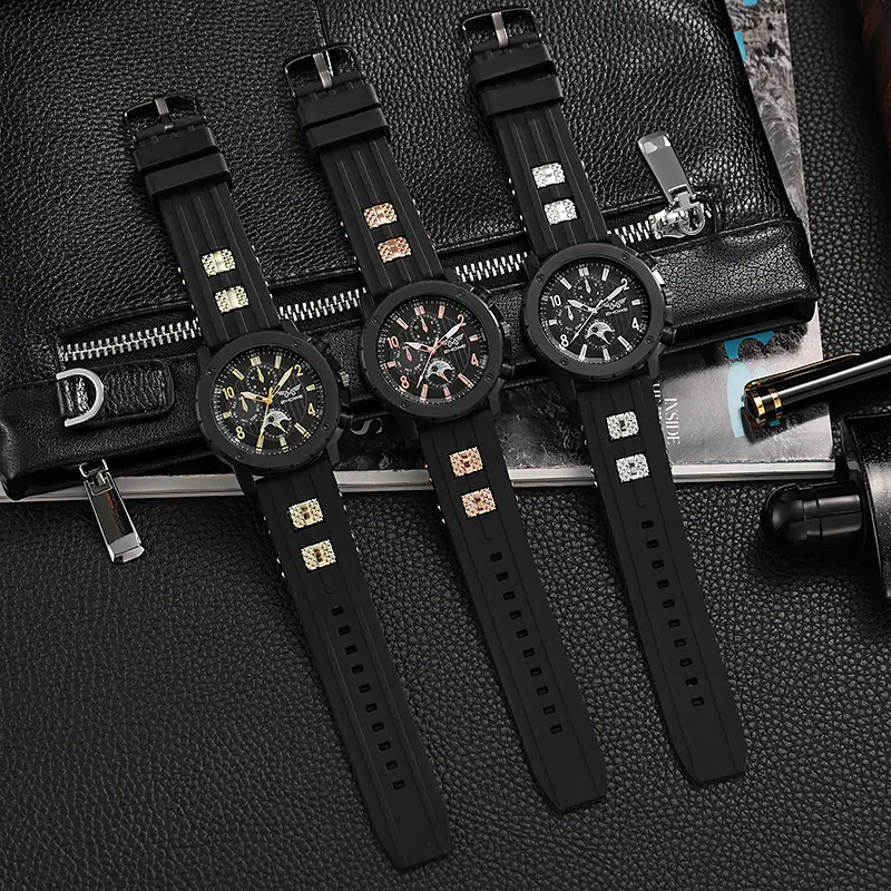 Men's Black Silicone Quartz Watch with 3 Subdials — feature 5