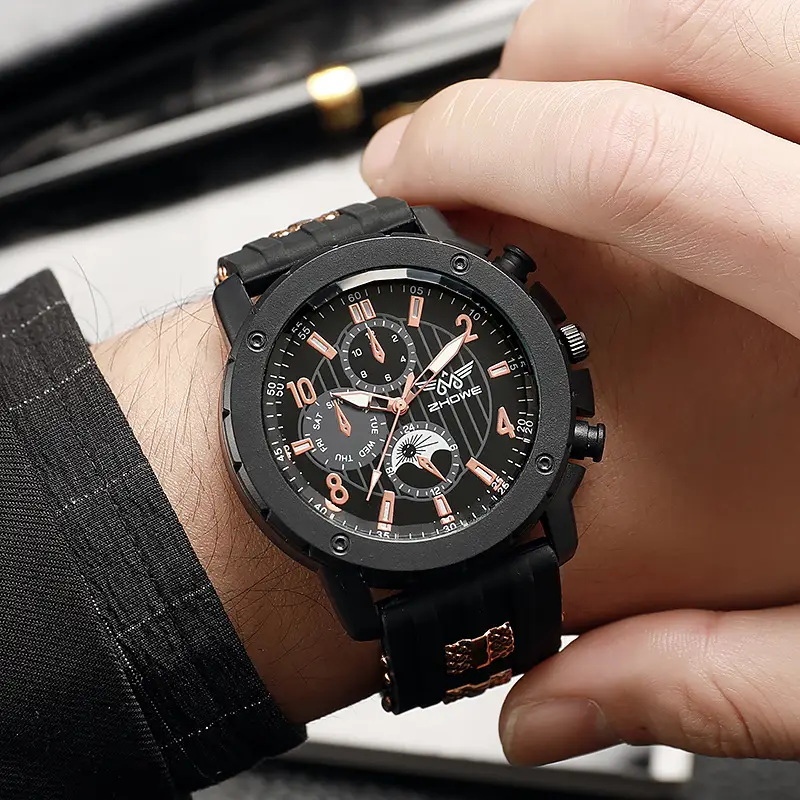 Men's Black Silicone Quartz Watch with 3 Subdials — feature 6