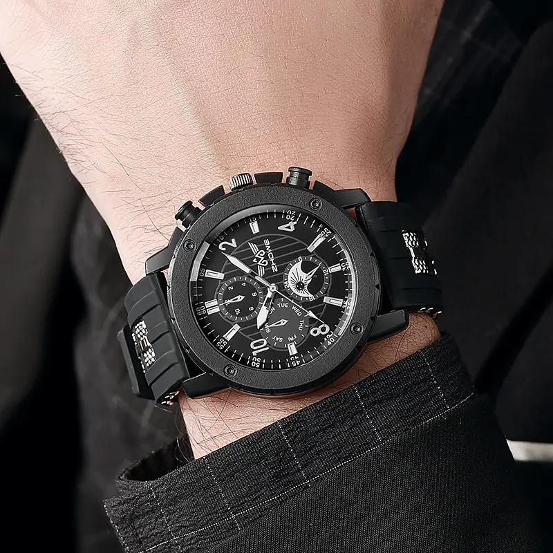 Men's Black Silicone Quartz Watch with 3 Subdials — feature 7