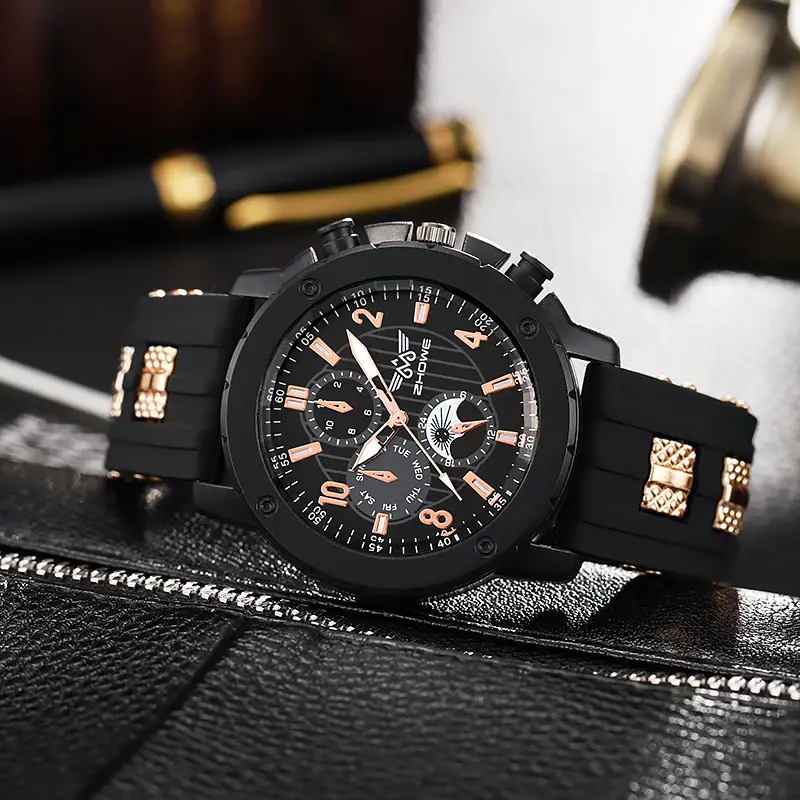 Men's Black Silicone Quartz Watch with 3 Subdials - Image 3