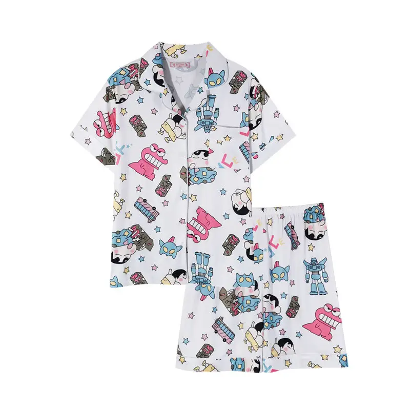 Women's Summer Pajama Set Cream Cartoon Short Sleeve Shorts - Image 70