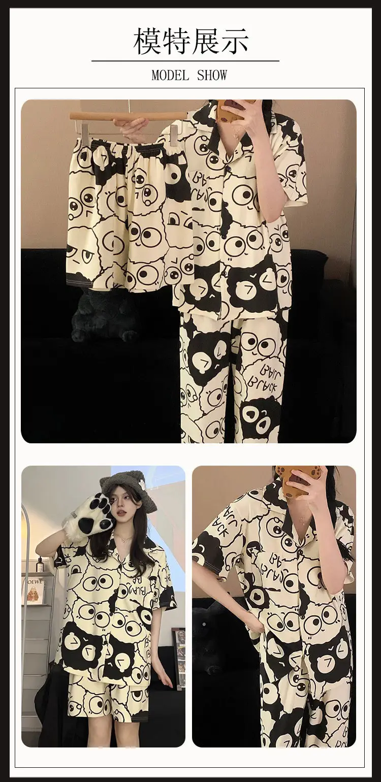 Women's Summer Pajama Set Cream Cartoon Short Sleeve Shorts — feature 17