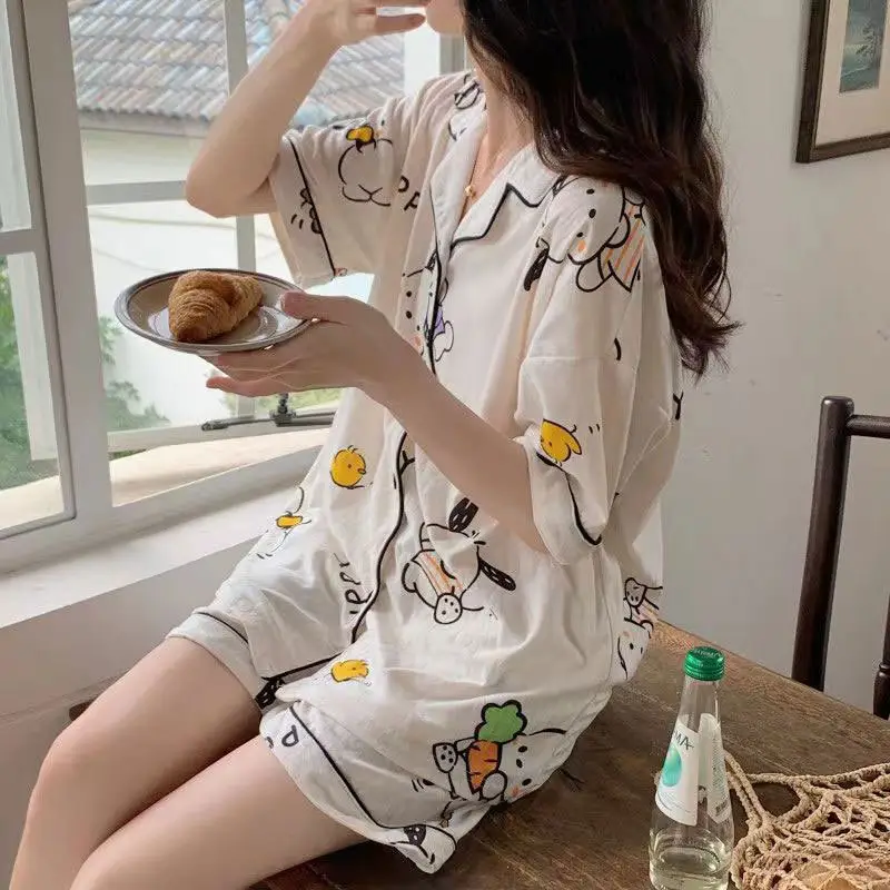Women's Summer Pajama Set Cream Cartoon Short Sleeve Shorts - Image 10