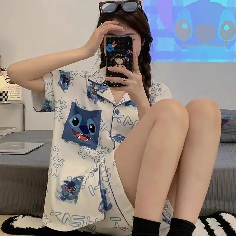 Women's Summer Pajama Set Cream Cartoon Short Sleeve Shorts - Image 13