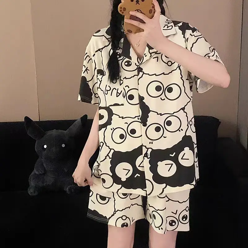 Women's Summer Pajama Set Cream Cartoon Short Sleeve Shorts - Image 15