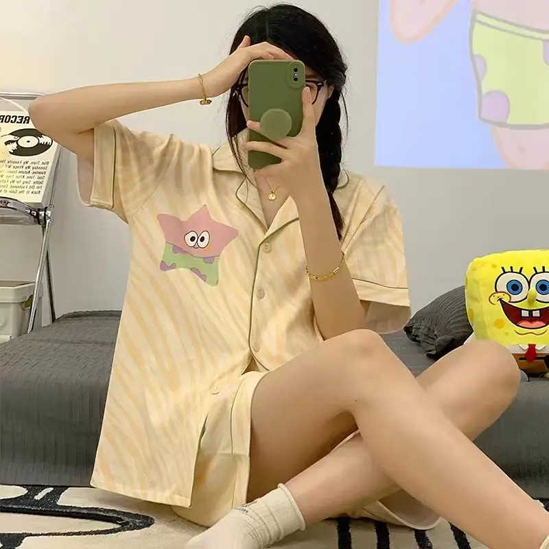 Women's Summer Pajama Set Cream Cartoon Short Sleeve Shorts - Image 17