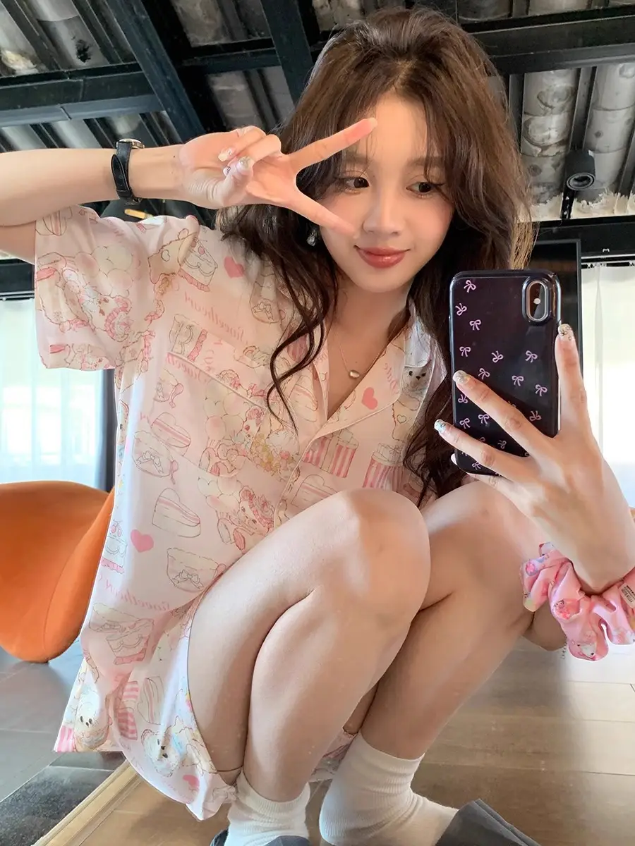 Women's Summer Pajama Set Cream Cartoon Short Sleeve Shorts - Image 2