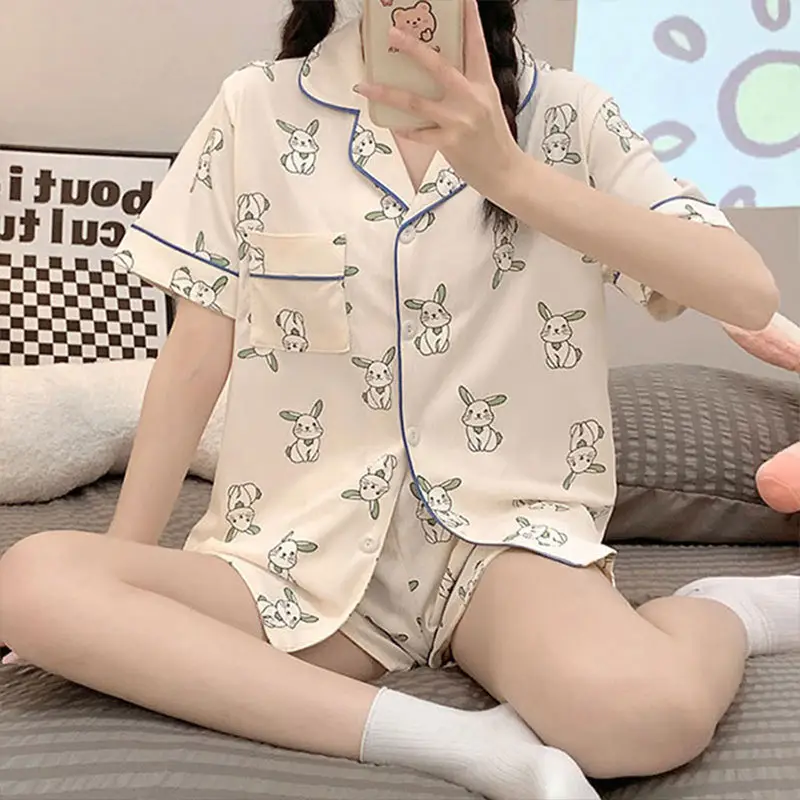 Women's Summer Pajama Set Cream Cartoon Short Sleeve Shorts - Image 20