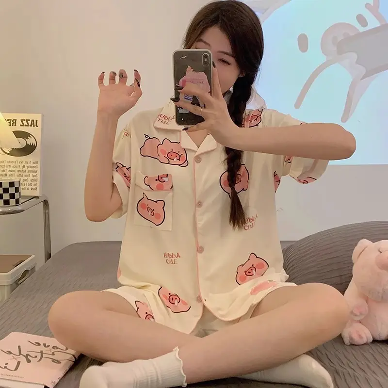 Women's Summer Pajama Set Cream Cartoon Short Sleeve Shorts - Image 21