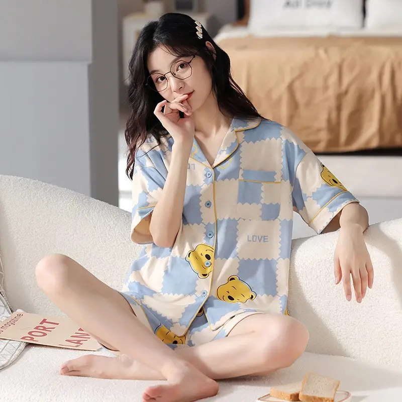 Women's Summer Pajama Set Cream Cartoon Short Sleeve Shorts - Image 22
