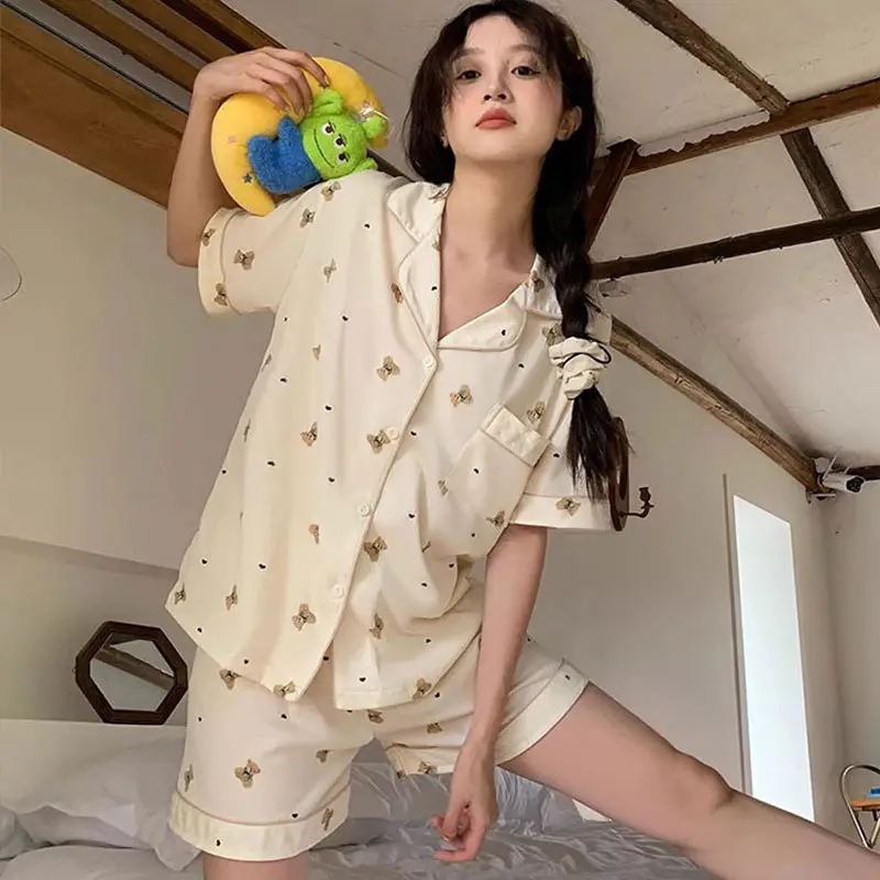 Women's Summer Pajama Set Cream Cartoon Short Sleeve Shorts - Image 23