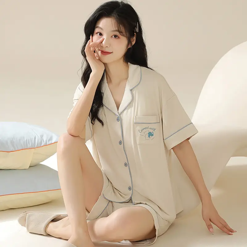 Women's Summer Pajama Set Cream Cartoon Short Sleeve Shorts - Image 24