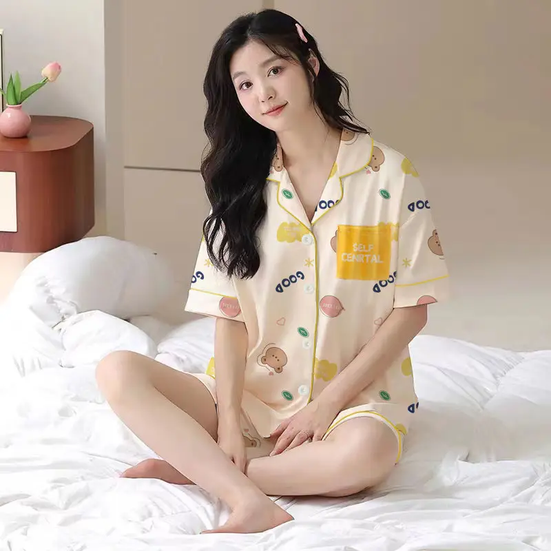 Women's Summer Pajama Set Cream Cartoon Short Sleeve Shorts - Image 25