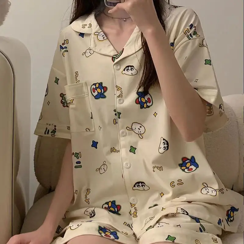 Women's Summer Pajama Set Cream Cartoon Short Sleeve Shorts - Image 26