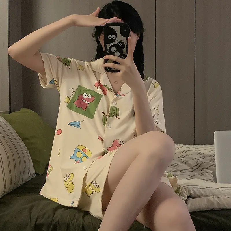 Women's Summer Pajama Set Cream Cartoon Short Sleeve Shorts - Image 28