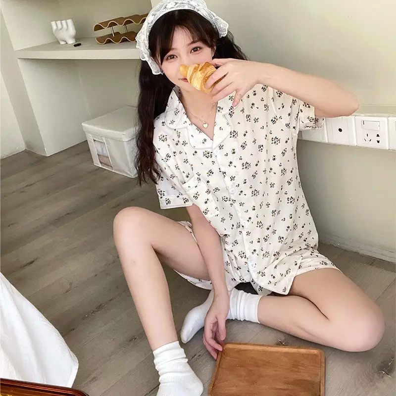 Women's Summer Pajama Set Cream Cartoon Short Sleeve Shorts - Image 29