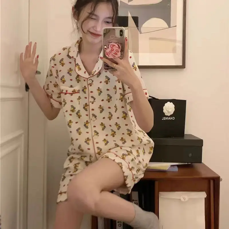 Women's Summer Pajama Set Cream Cartoon Short Sleeve Shorts - Image 3
