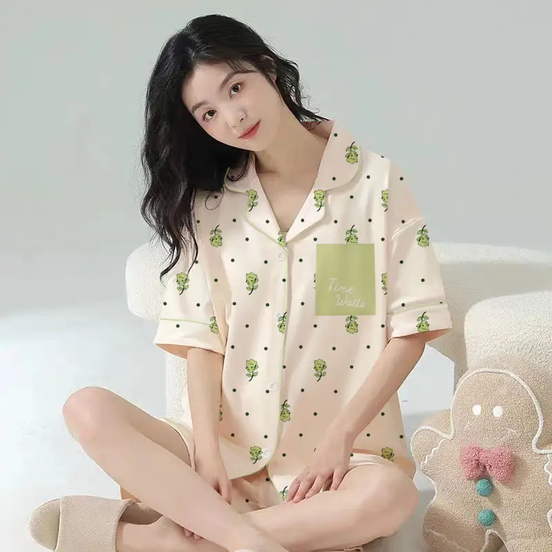 Women's Summer Pajama Set Cream Cartoon Short Sleeve Shorts - Image 30
