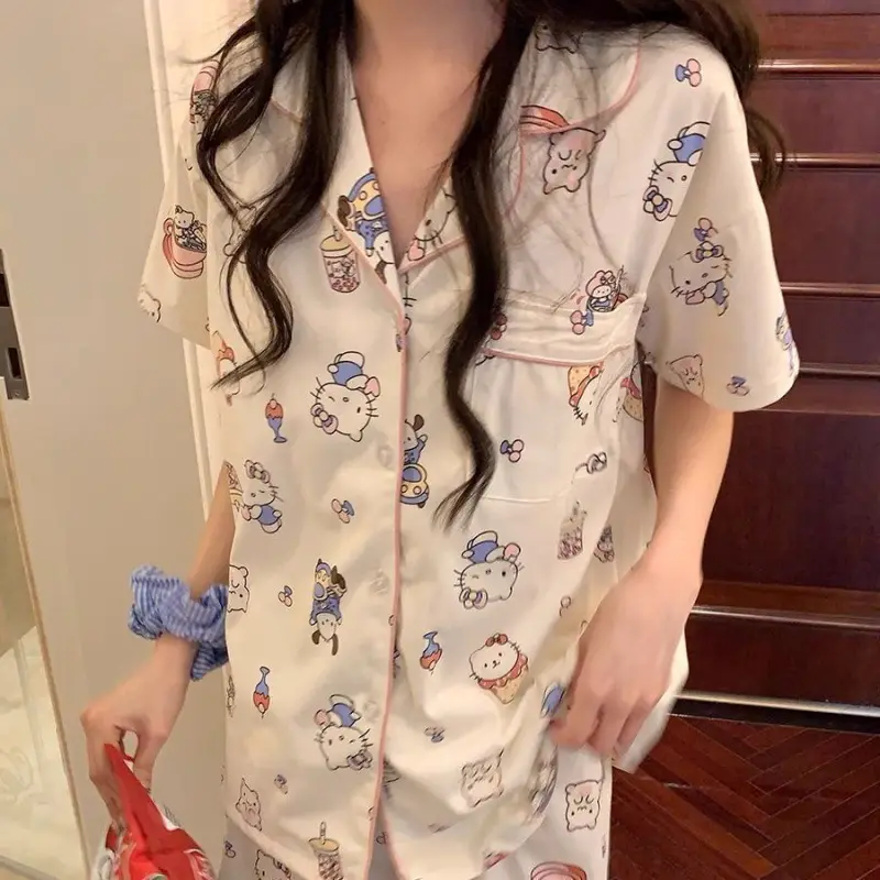 Women's Summer Pajama Set Cream Cartoon Short Sleeve Shorts - Image 32
