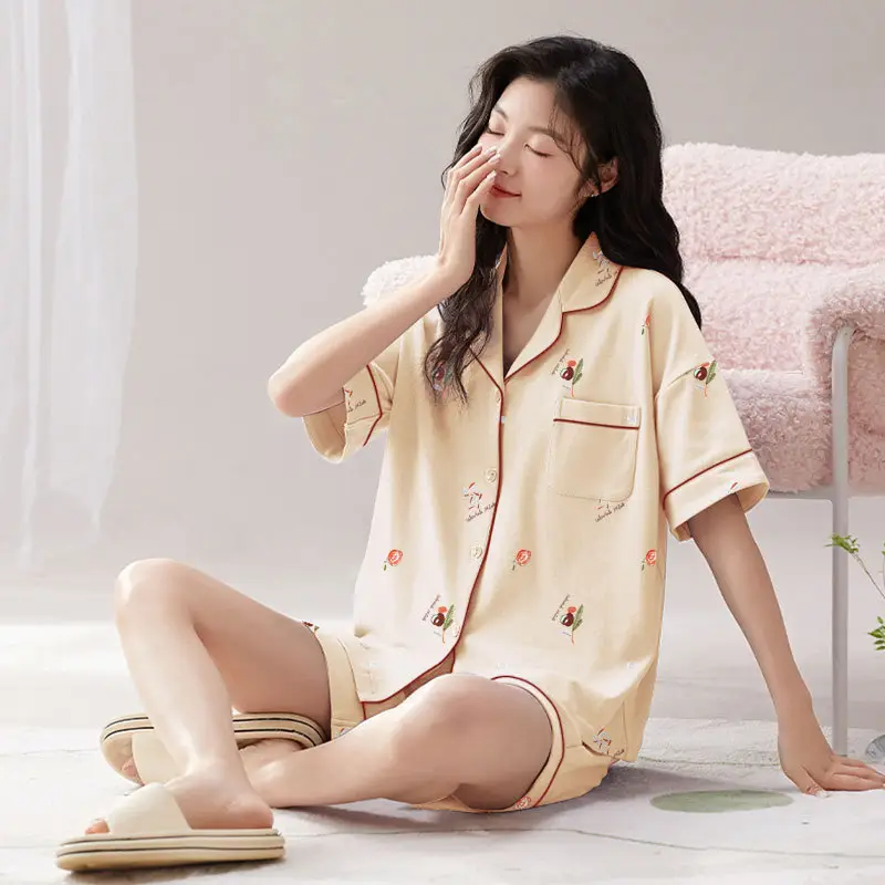 Women's Summer Pajama Set Cream Cartoon Short Sleeve Shorts - Image 34